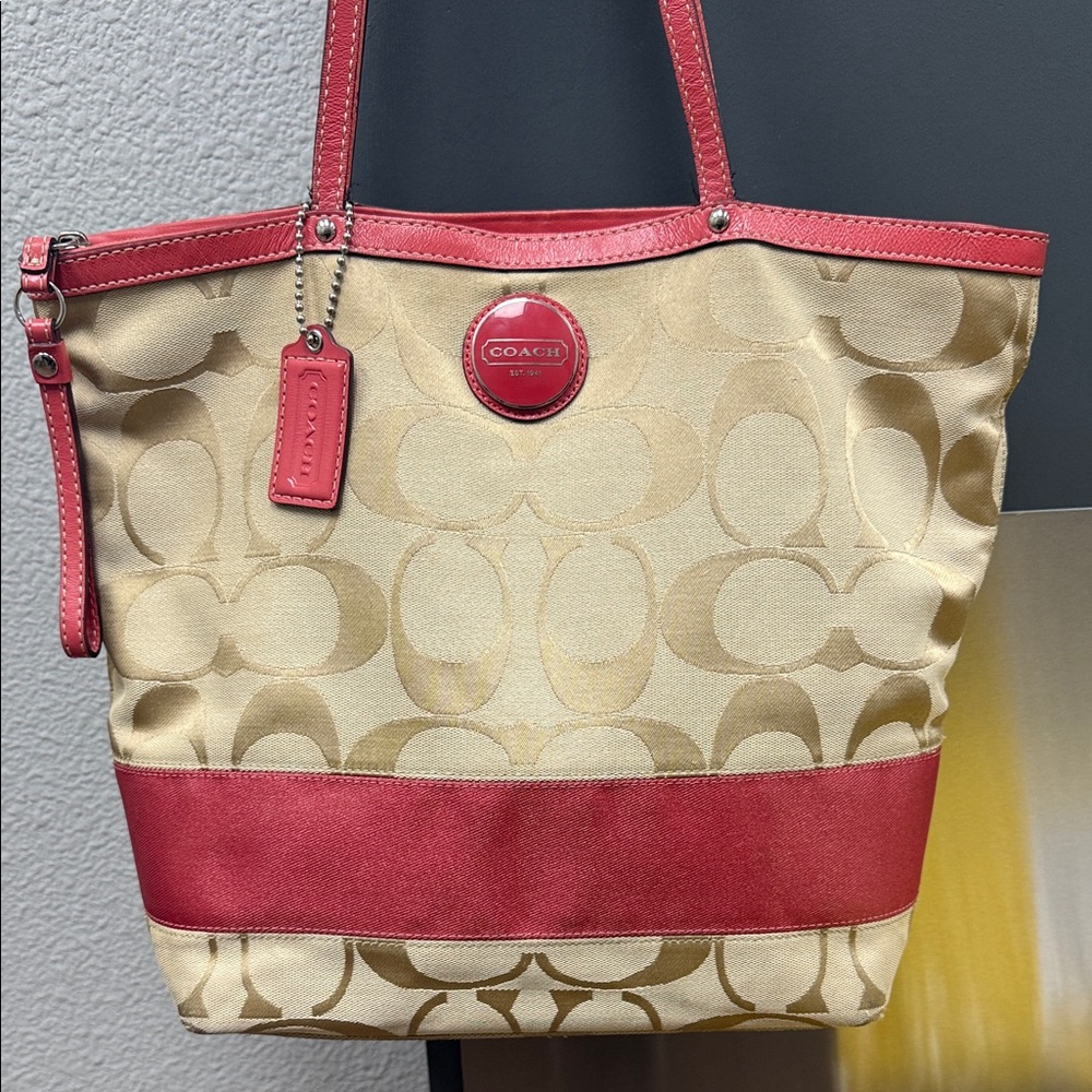Coach Red and Tan Signature Tote